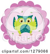 Clipart Of A Cute Green Owl Flying On A Purple Badge Royalty Free Vector Illustration