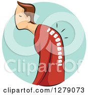 Clipart Of A Hunched Brunette White Man And Visible Spine With Osteoporosis Over A Blue Circle Royalty Free Vector Illustration