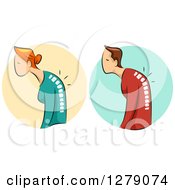 Hunched White Woman And Man And Visible Spines With Osteoporosis Over Circles