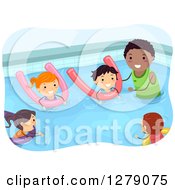 Poster, Art Print Of Black Male Coach Teaching Children How To Swim With Pool Noodles