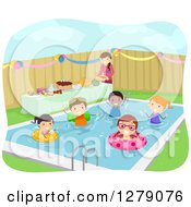 Poster, Art Print Of Happy Stick Children Swimming At A Birthday Pool Party