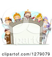 Poster, Art Print Of Happy Children Wearing Medieval Costumes Around A Castle Sign