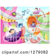 Poster, Art Print Of Happy Children Playing And Flying In A Futuristic Outer Space City