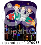Clipart Of Astronaut Kids Cheering And Riding A Rocket Over A Futuristic City Royalty Free Vector Illustration