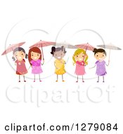 Clipart Of Happy Girls Wearing Chinese Dresses And Holding Parasol Umbrellas Royalty Free Vector Illustration