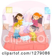 Playful Girls In The Middle Of A Pillow Fight At A Slumber Party