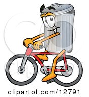 Garbage Can Mascot Cartoon Character Riding A Bicycle