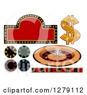 Poster, Art Print Of Casino Sign Dollar Symbol Roulette Wheel Poker Chips And Card Suit Border