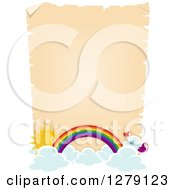 Poster, Art Print Of Blank Aged Parchment Page With Clouds The Sun Birds And A Rainbow Arch