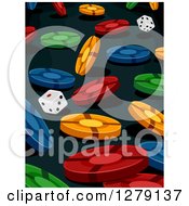 Poster, Art Print Of Background Of Falling Colorful Poker Chips And Dice On Black
