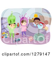 Poster, Art Print Of Happy Stick Children Playing In A Room With Alien Costumes