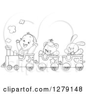 Poster, Art Print Of Black And White Happy Toddler Boy And Toys Riding In A Train