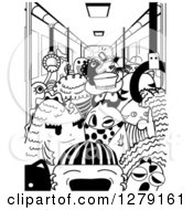 Black And White Doodle Of Monsters In A Subway Car
