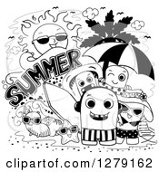 Poster, Art Print Of Black And White Doodle Of Summer Monsters At The Beach
