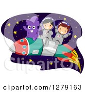 Poster, Art Print Of Happy Children Astronauts And An Alien Flying Through Outer Space On A Rocket