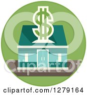 Clipart Of A Bank Building With A Dollar Symbol In A Green Circle Royalty Free Vector Illustration