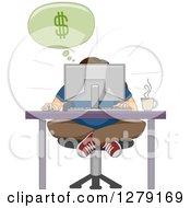 Poster, Art Print Of Hunched Man Sitting Indian Style At A Computer Desk And Discovering Online Business