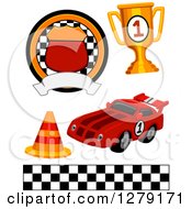 Poster, Art Print Of Motorsports Racing Badge Trophy Traffic Cone Race Car And Checkered Flag Border