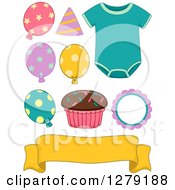 Poster, Art Print Of Baby Birthday Onesie Cupcake Banner And Party Balloons