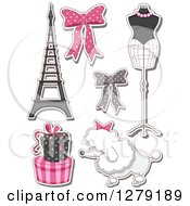 Poster, Art Print Of Sticker Styled French Fashion Themed Bows Mannequin Poodle Gifts And The Eiffel Tower