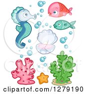 Poster, Art Print Of Cute Fish A Seahorse Clam Seaweed And Coral