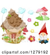 Poster, Art Print Of Fantasy Garden Gnome Mushrooms Flowers And A House