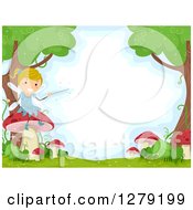 Poster, Art Print Of Happy Blond Female Stick Fairy Sitting On A Mushroom In A Forest