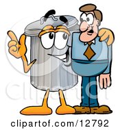 Clipart Picture Of A Garbage Can Mascot Cartoon Character Talking To A Business Man by Toons4Biz