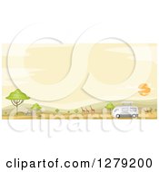 Poster, Art Print Of Safari Tour Bus With Gazelle Giraffes And Zebras In An African Landscape At Sunset