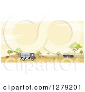 Safari Tour Bus With A Lion Rhinos And Elephants In An African Landscape At Sunset