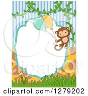 Poster, Art Print Of Blank Frame With Stripes Giraffe Print And A Monkey Swinging With Party Balloons