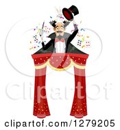 Male Magician Holding A Wand Rabbit And Top Hat Over A Circus Tent Entrance