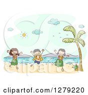 Poster, Art Print Of Sketched Happy Stick Kids Hula Dancing On A Hawaiian Beach