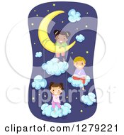 Poster, Art Print Of Happy Stick Kids In Pjs Sitting On The Moon And Clouds In A Night Sky