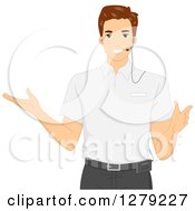 Clipart Of A Friendly Brunette White Male Tour Guid Gesturing And Wearing A Headset Royalty Free Vector Illustration by BNP Design Studio