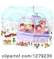 Poster, Art Print Of Woman And Happy Children Riding In A Cable Car Over A Ski Village