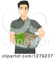 Handsome Young Asian Landscaper Man Carrying A Roll Of Sod