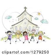 Sketched Happy Stick Children Jumping Outside A Church