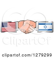 Poster, Art Print Of Caucasian Hands Shaking With American And Israel Flags