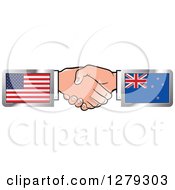 Clipart Of Caucasian Hands Shaking With American And New Zealand Flags Royalty Free Vector Illustration by Lal Perera