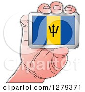 Clipart Of A Caucasian Hand Holding A Barbadian Flag Royalty Free Vector Illustration