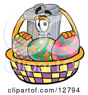 Garbage Can Mascot Cartoon Character In An Easter Basket Full Of Decorated Easter Eggs