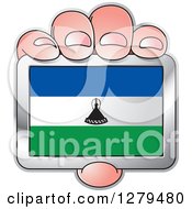 Clipart Of A Caucasian Hand Holding A Lesotho Flag Royalty Free Vector Illustration