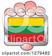 Clipart Of A Caucasian Hand Holding A Lithuania Flag Royalty Free Vector Illustration by Lal Perera