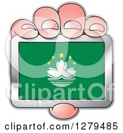 Clipart Of A Caucasian Hand Holding A Macau Flag Royalty Free Vector Illustration
