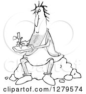 Clipart Of A Hairy Caveman Sitting On A Boulder And Writing On A Stone Tablet Royalty Free Vector Illustration