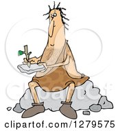 Poster, Art Print Of Hairy Caveman Sitting On A Boulder And Writing On A Stone Tablet