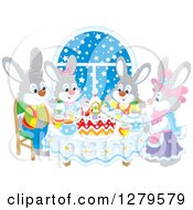 Poster, Art Print Of Cute Gray Bunny Rabbit Family Sitting Around A Christmas Cake By A Snowy Starry Window