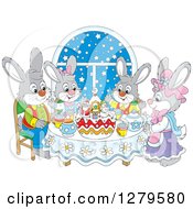 Poster, Art Print Of Cute Gray Bunny Rabbit Family Sitting Around A Christmas Cake By A Snowy Starry Window