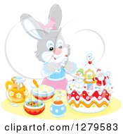 Poster, Art Print Of Cute Gray Female Bunny Rabbit Decorating A Christmas Cake